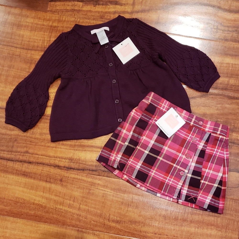 Janie and Jack NWT 6-12 months plum pointelle cardigan and matching plaid skirt